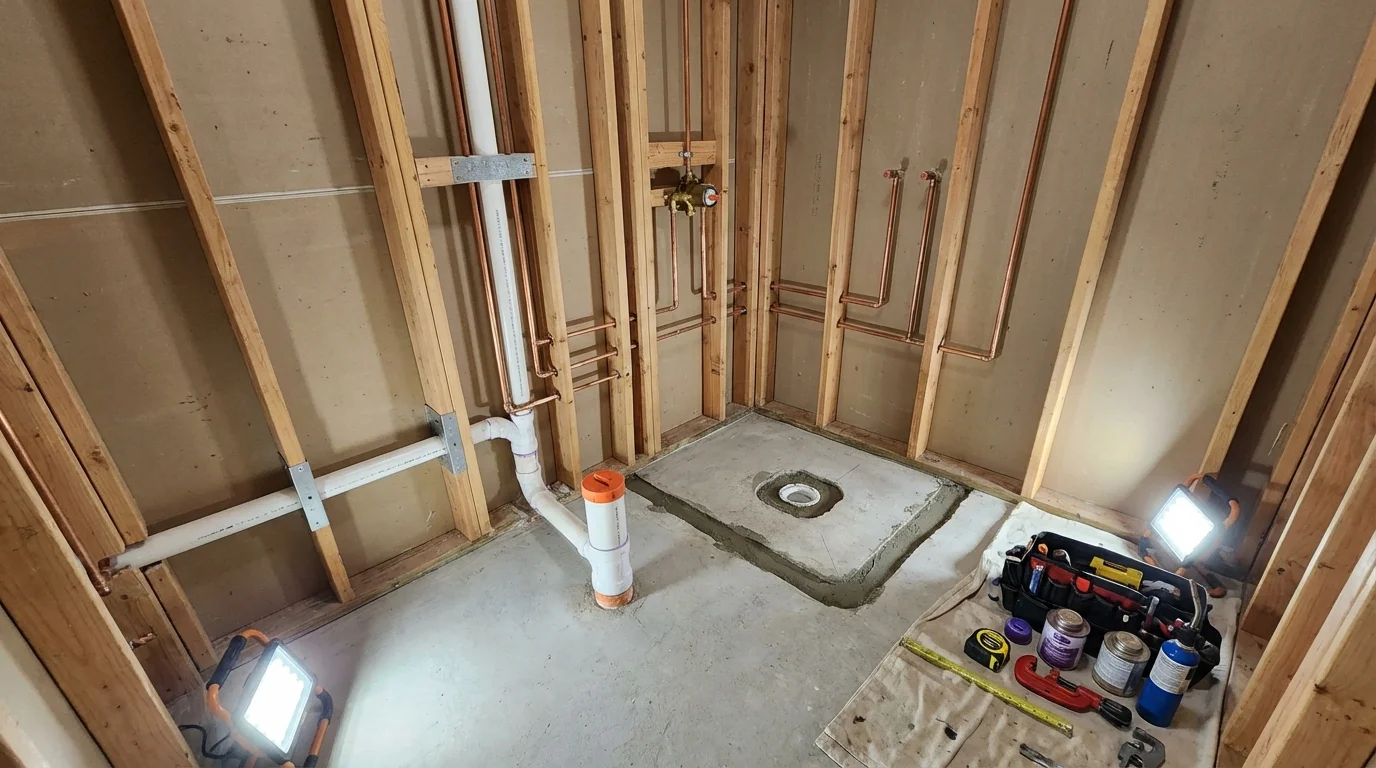 Bathroom rough-in plumbing during remodel by Johns Plumbing LLC in Ellinwood