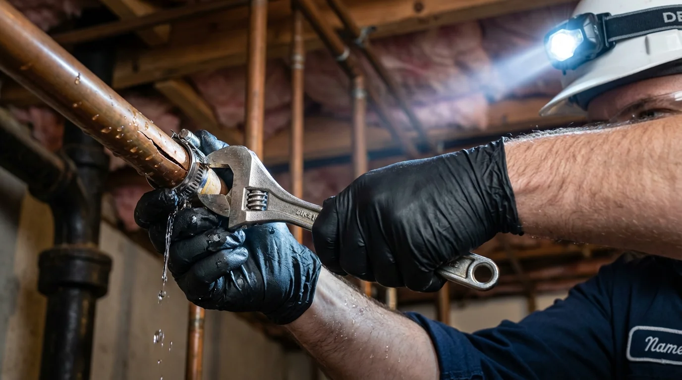 Emergency pipe clamp repair being performed by a Johns Plumbing LLC plumber in Ellinwood