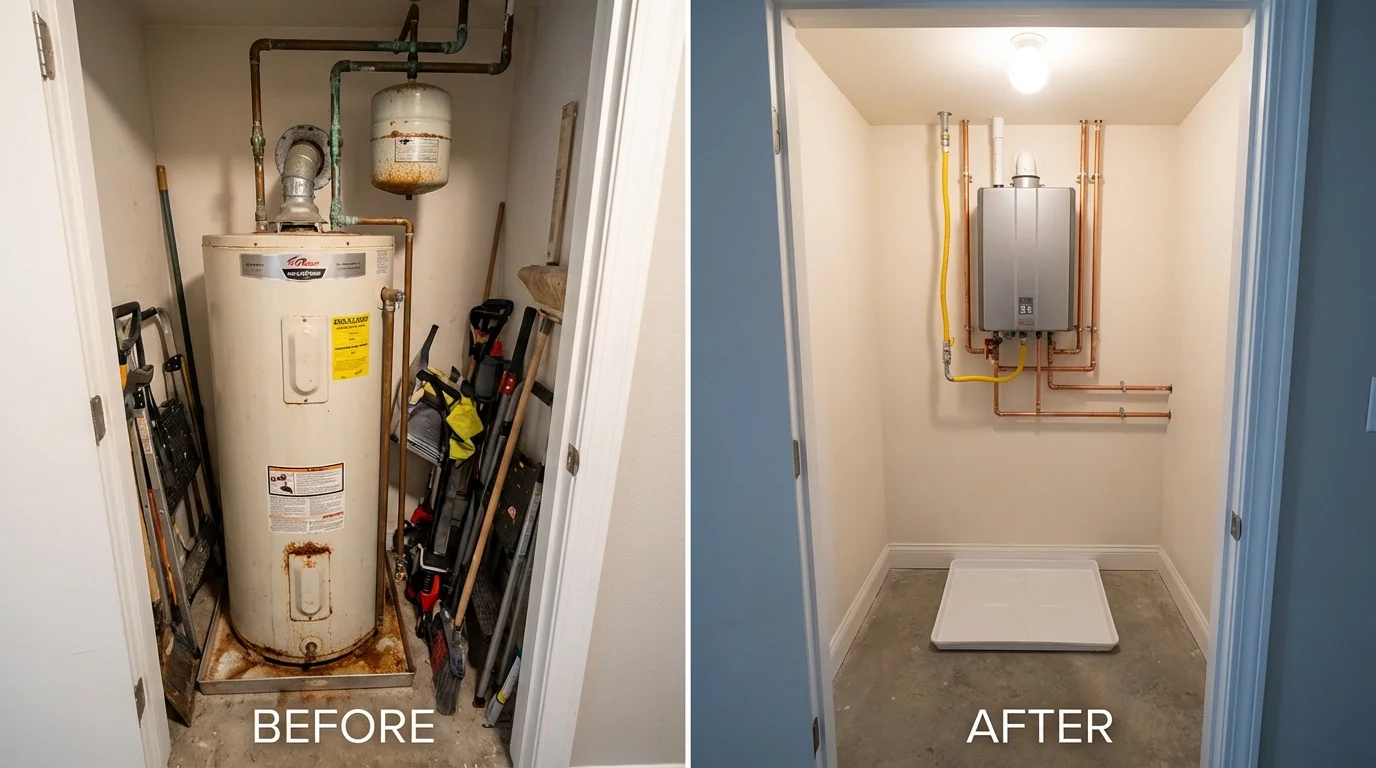 Tank water heater versus wall-mounted tankless unit comparison for Ellinwood, KS homeowners