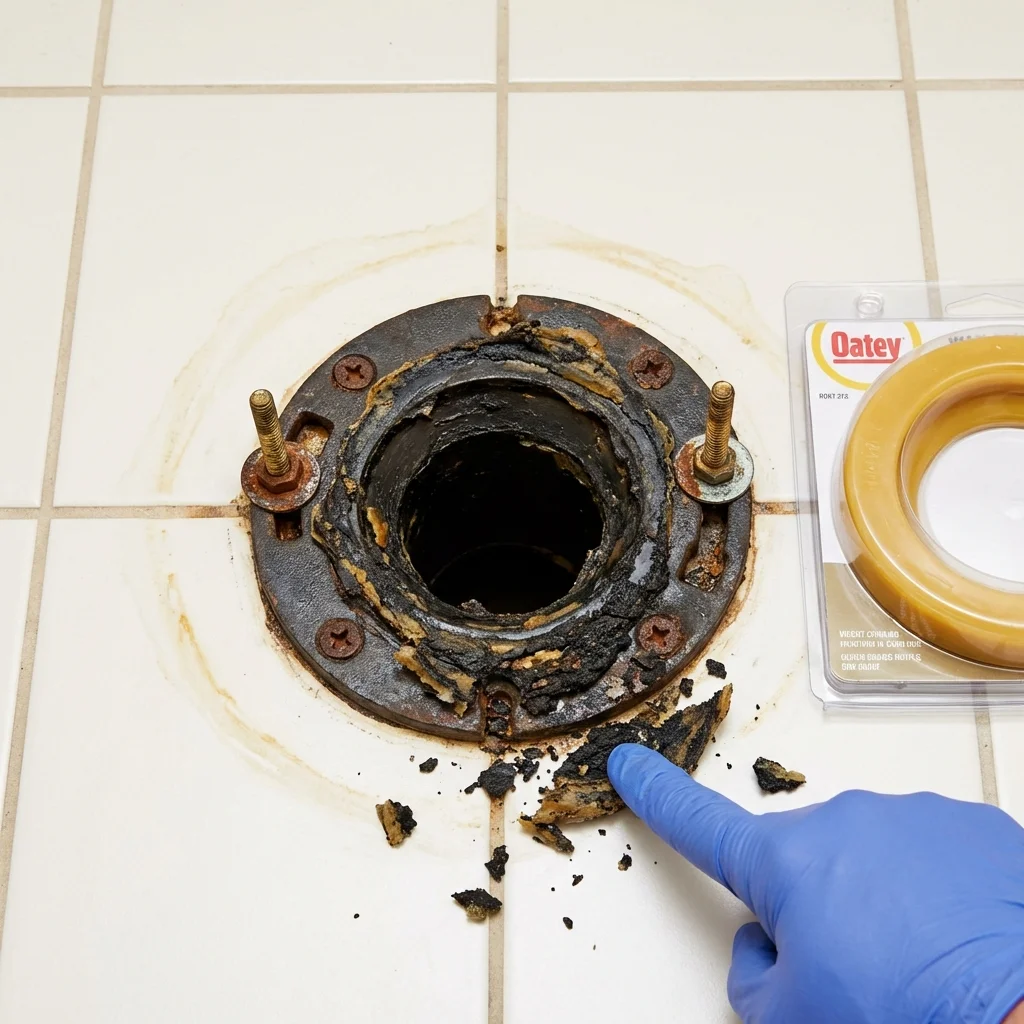 Failed wax ring showing water seepage at the base of a toilet in a Ellinwood, KS home