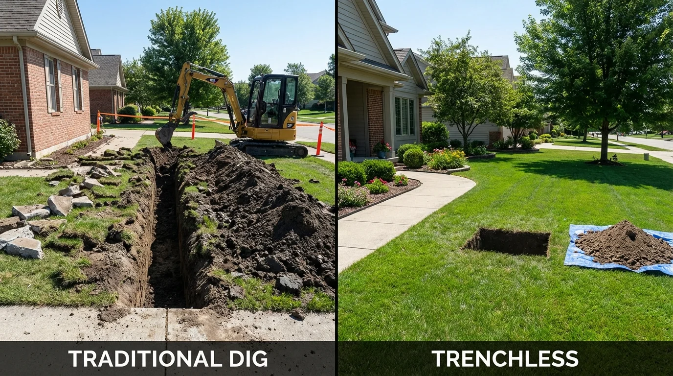 Trenchless sewer repair with minimal yard damage versus traditional excavation in Ellinwood, KS