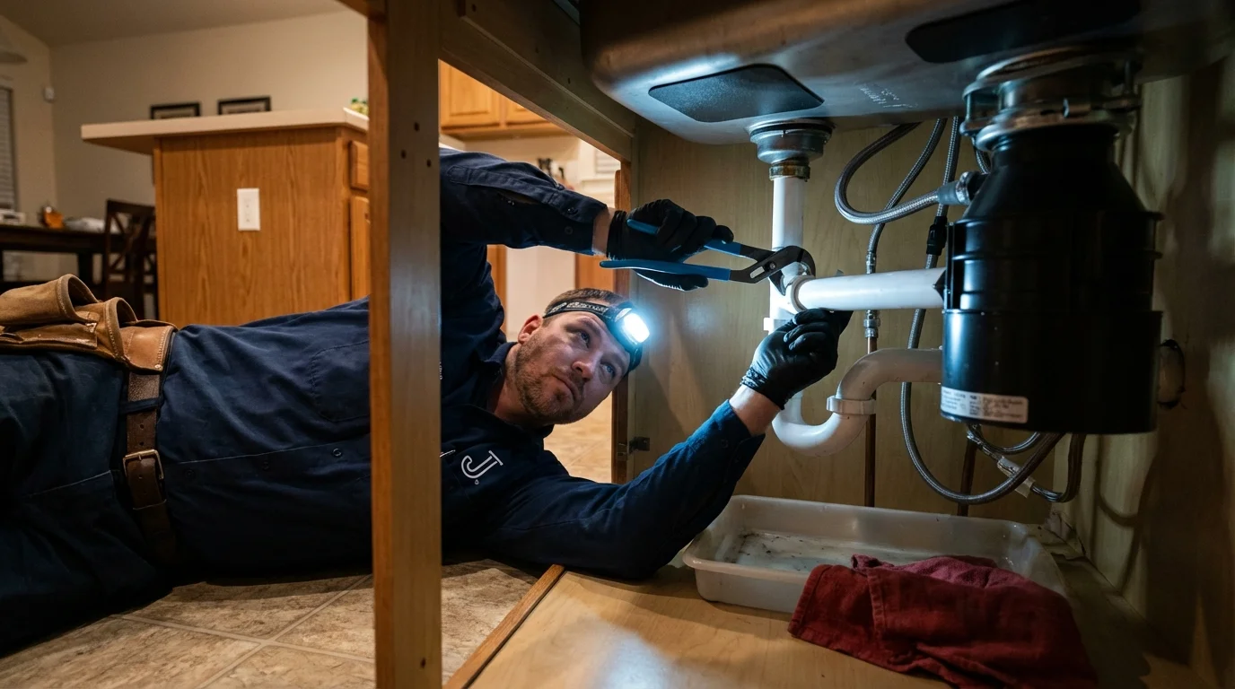 P-trap and supply line connections under a kitchen sink showing a common leak point in Ellinwood, KS